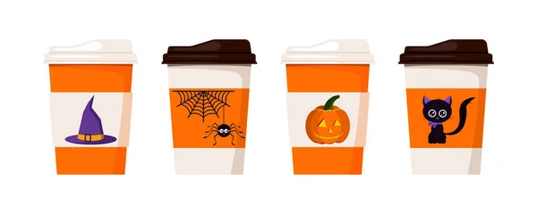 Tazas de café o té decoradas con personajes de Halloween: calabaza, araña en la web, gato negro, sombrero de bruja. — Vector de stock