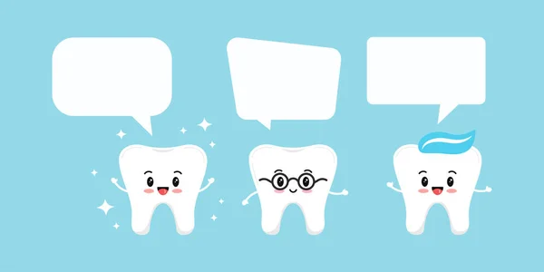 Szczęśliwy zestaw ikon zębów z bańkami wyodrębnionymi na niebieskim tle. — Wektor stockowy