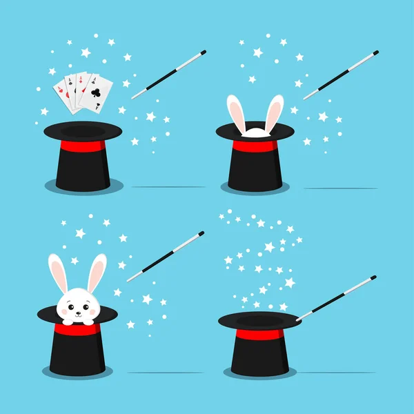 Magikern svart hatt med söt vit kanin inuti, kanin öron, magi hatt med ess fyra av ett slag poker ut, magi trollspö i aktion och stjärna. — Stock vektor