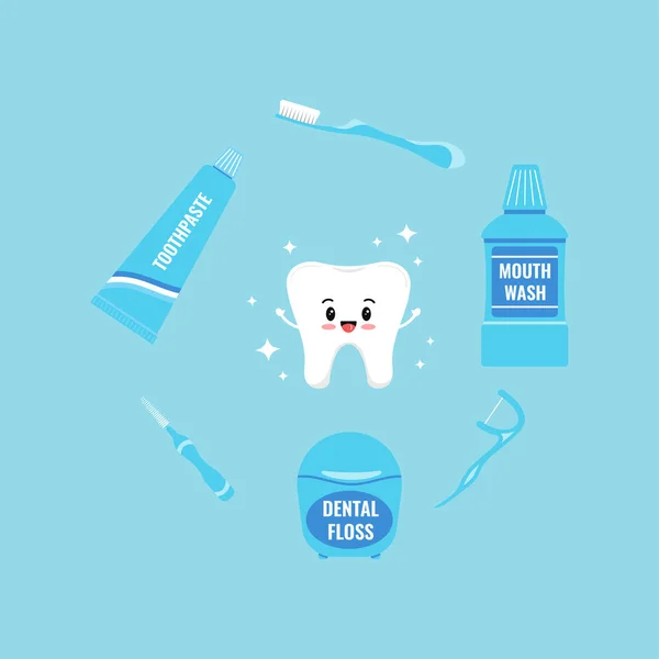 Dente branco bonito com produtos de higiene oral em torno de ícones conjunto isolado no fundo. — Vetor de Stock