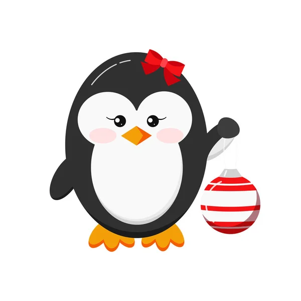 Söt xmas pingvin flicka med jul boll isolerad på vit bakgrund. — Stock vektor