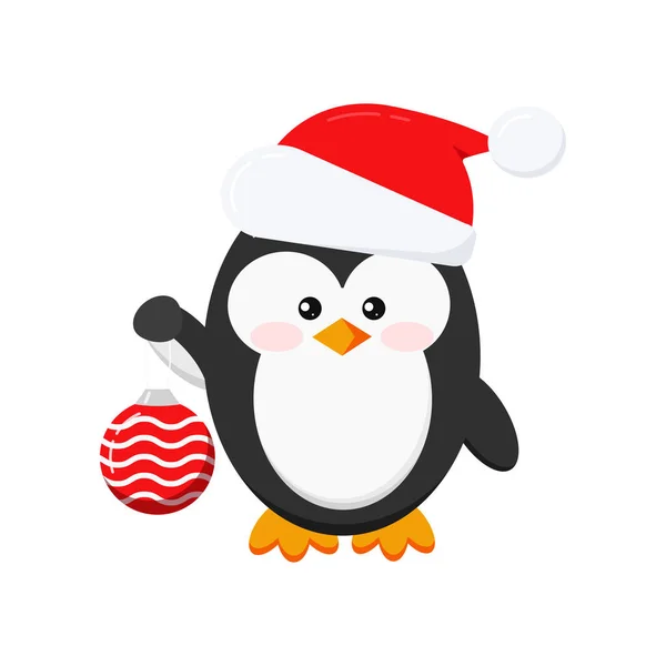 Cute winter penguin boy with christmas ball isolated on white background. — Stock Vector