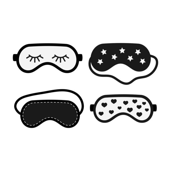 Black and white sleep beauty masks icon set isolated on white background.