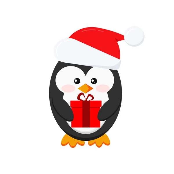 Leuke kerst pinguïn jongen met rode x-mas cadeau geïsoleerd op witte achtergrond - pinguïn in de kerstman rode kerst hoed. — Stockvector