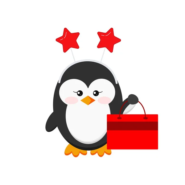 Linda chica pingüino de Navidad con paquete de regalo de x-mas. — Vector de stock