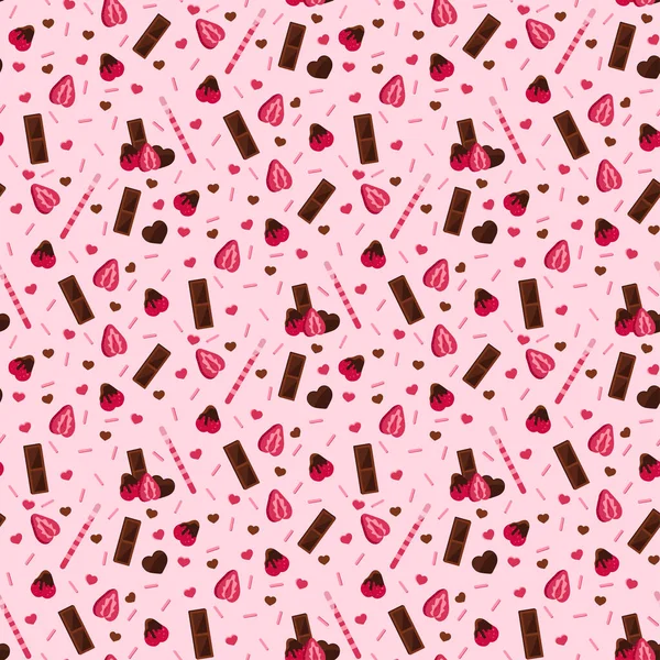 Morangos e chocolate sem costura padrão no fundo rosa. — Vetor de Stock
