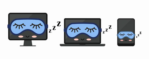 Dormir fuera de escritorio de la computadora, ordenador portátil, tableta PC o teléfono inteligente icono conjunto aislado sobre fondo blanco. — Vector de stock