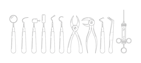 Conjunto de iconos de arte de línea de herramientas dentales aislados sobre fondo blanco. — Archivo Imágenes Vectoriales