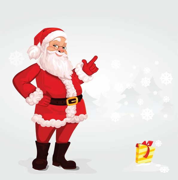 Santa Claus Φόντο Μια Τσάντα Δείχνει Χέρι Του — Διανυσματικό Αρχείο
