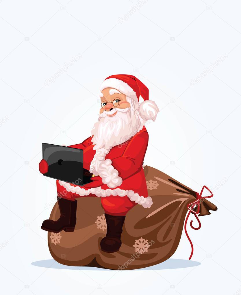 Santa claus sits on a bag with a laptop