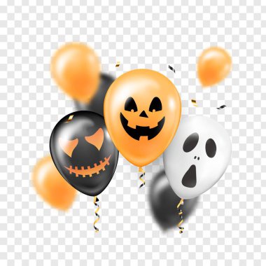 Cadılar Bayramı uçan balonları kompozisyonu. Ürkütücü yüzlü 3D balonlardan oluşan gerçekçi bir vektör seti. Tatil ve parti dekorasyonu, dekor.