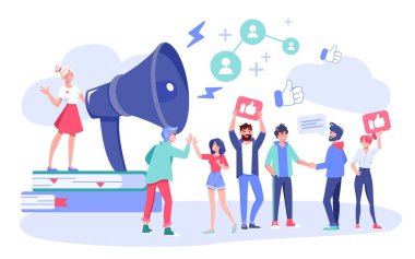 Etkileyici dijital pazarlama konsepti. Müşterileri ve müşterileri iş cazibesine doğru takip et. Blogger Terfi Hizmetleri. Kadın görüş lideri hoparlör tutuyor aboneleri olumlu geri bildirim çekiyor