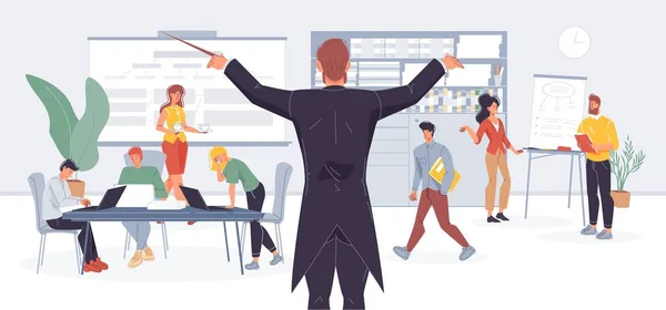 İşadamı şef ofis işleri ahşap sopa metaforuyla. Etkili iş zamanı yönetimi, çalışan yönetmenliği. Girişimcilik, takım çalışması, birlikte çalışma, sağlıklı iş akışı durumu bakımı