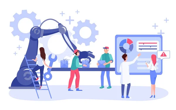E-posta pazarlama kampanyası konsepti. İş otomasyonu. İşçi, robotik kol montaj bandı üzerinde çalışıyor. Yönetici müdürü terfi sürecinin verimliliğini kontrol ediyor. Yüksek kaliteli otomatik işlem