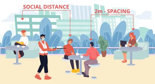 Las Personas Que Mantienen Distancia Social Descansan Terraza Del Café — Archivo Imágenes Vectoriales