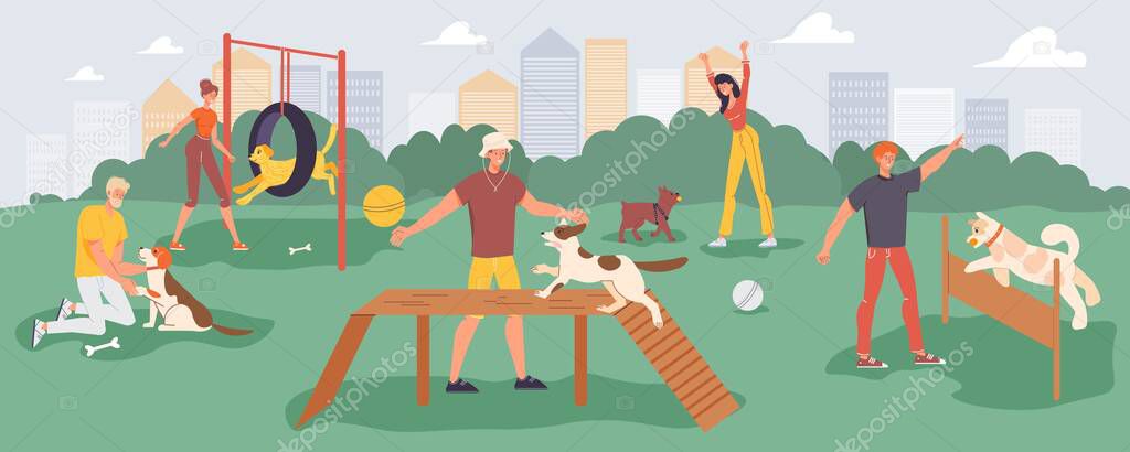 People playing game training pet on walk outdoor in park at playground. Young man woman walking playful domestic animal in well-equipped yard. Characters teaching puppies basic commands. Friendship