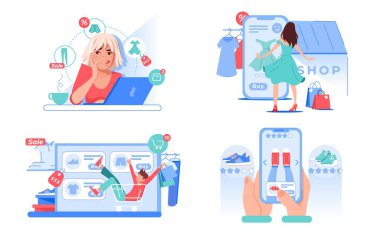 İnsanlar internet alışveriş seti. Erkek kadın internetten mal sipariş eder, indirimli alır, akıllı telefon ve dizüstü bilgisayarla hızlı ödeme yapar. Moda giyim mağazası. Ticaret, kablosuz akıllı alım