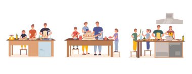 Mutlu bir ailenin çocukları birlikte yemek pişiriyor.