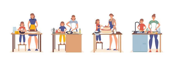 妈妈女儿一家人在家里做饭厨房用具 — 图库矢量图片