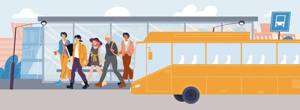 Menschen ohne Maske steigen an Haltestelle aus Bus — Stockvektor