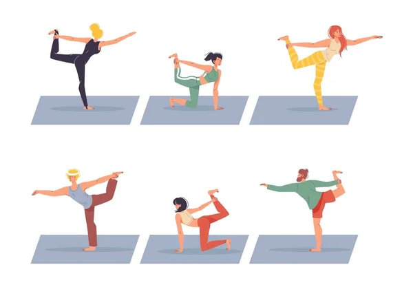 Diversas personas personaje haciendo yoga aislado conjunto — Vector de stock