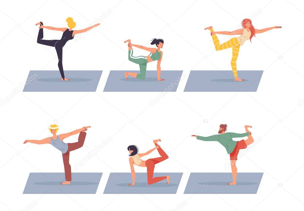 Diverse people character doing yoga isolated set