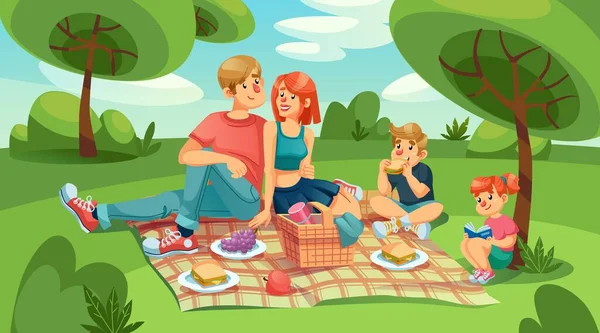 Feliz familia amorosa niños en el picnic en el parque verde — Vector de stock