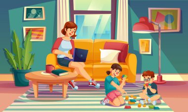 Anne çocuklar yaz tatillerini evde geçirirler.