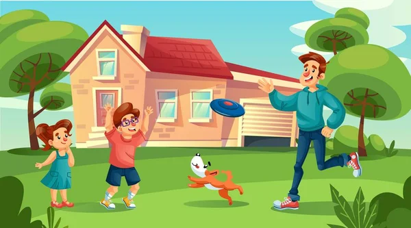 Ευτυχισμένος πατέρας παίζει χαρούμενα παιδιά στην αυλή — Διανυσματικό Αρχείο