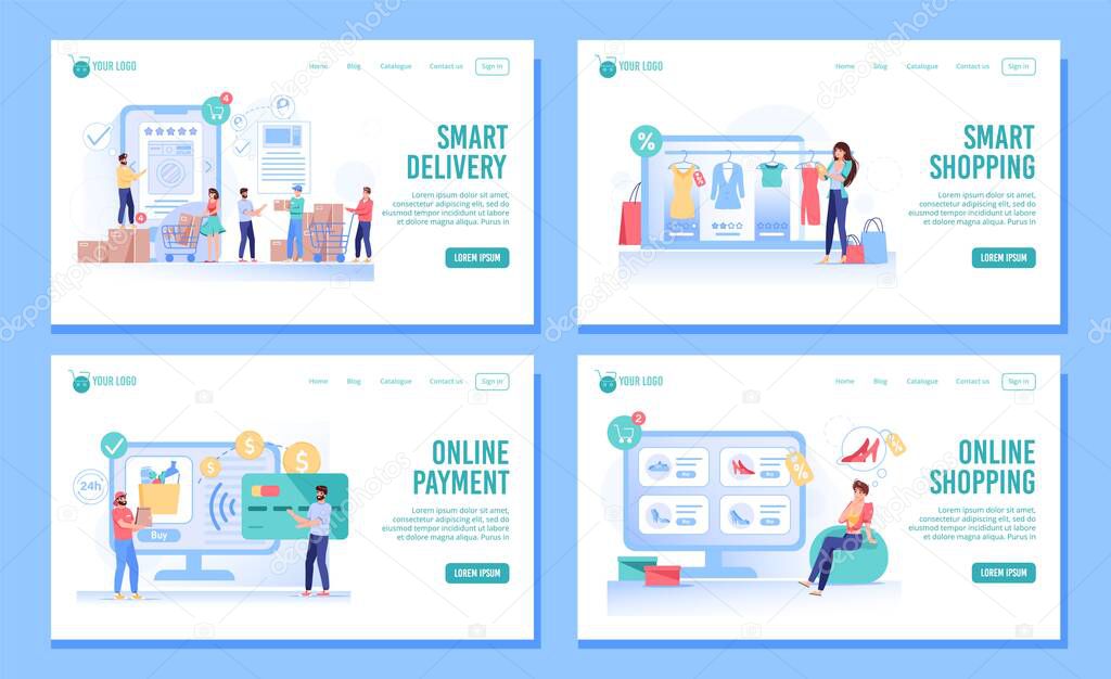 Smart shopping, order, delivery landing page set