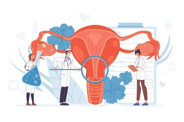 Γυναικολόγος γιατρός ομάδα κάνει εξέταση μήτρας — Διανυσματικό Αρχείο
