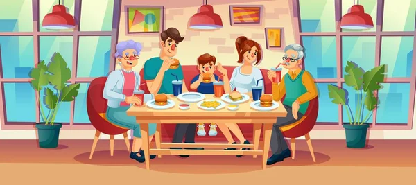 Mutlu bir aile fast food restoranında yemek yiyor.