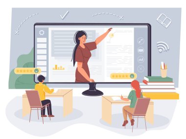 Çocuklar dinleyin internet dersinde bayan öğretmen.