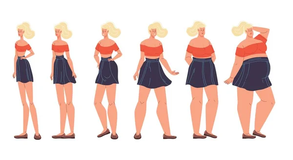 Mujer forma de cuerpo diferente, tipo de figura establecido en fila — Vector de stock