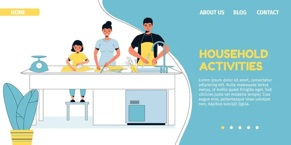 厨房登陆页上的家庭住户活动 — 图库矢量图片