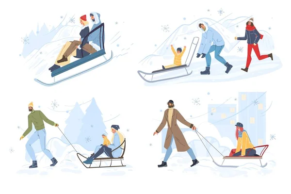 Feliz gente trineo tener invierno divertido al aire libre conjunto — Archivo Imágenes Vectoriales