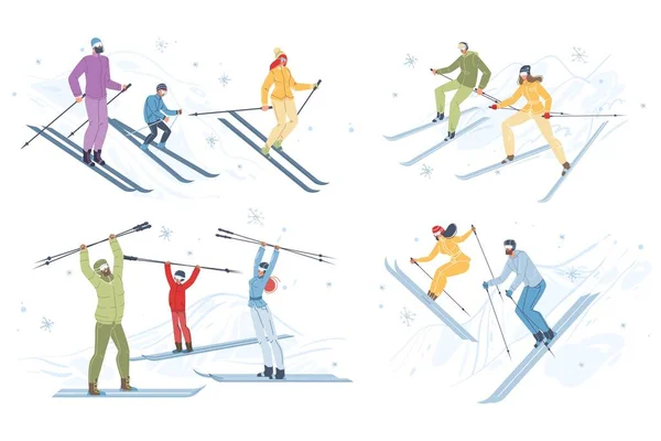 Szczęśliwi ludzie lubią narty zimowy zestaw aktywności — Wektor stockowy