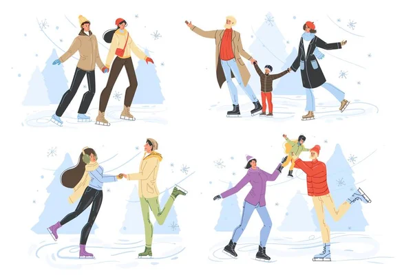 人们在溜冰场上滑冰的家庭冬季场景设置 — 图库矢量图片