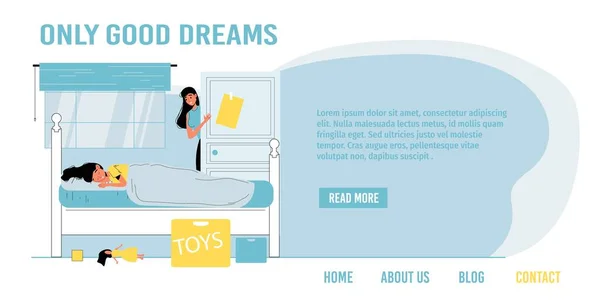 Menina sonolenta na cama bom sonho landing page design —  Vetores de Stock