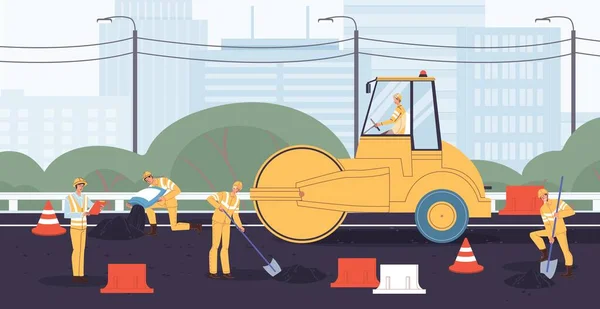 Stavitel pracující na staveništi silniční dálnice — Stockový vektor