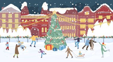 Mutlu insanlar Chrismtas meydanında buz pateni pistinde kalabalıklar