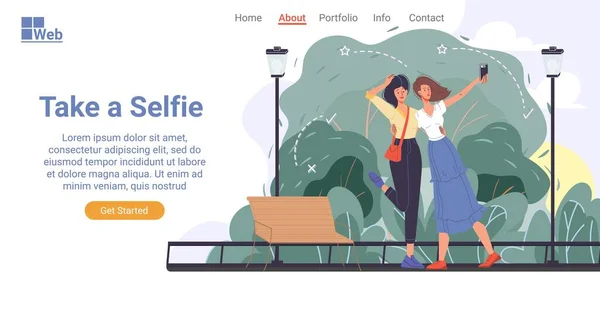 Felice donna amica prendere selfie landing page design — Vettoriale Stock