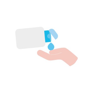 Antibakteriyel şişe ve el ikonu, düz stil.