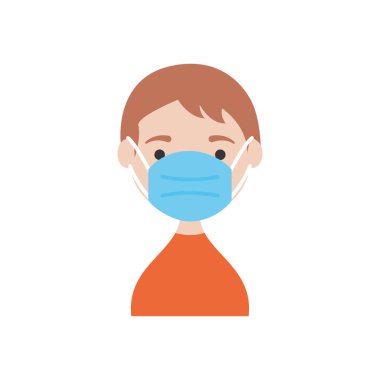 Ağız maskesi simgesi olan çizgi film çocuğu, düz stil.