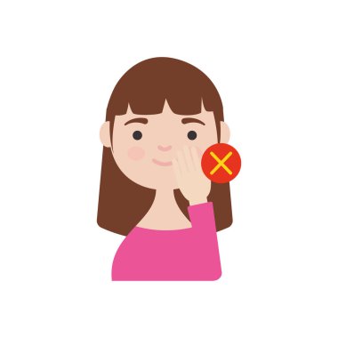 Coronavirus önleme konsepti, enfeksiyonu önlemek için yüzüne dokunma, çizgi filmdeki kadın yüzüne dokunuyor, düz stil.