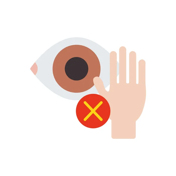Coronavirus niet aanraken ogen concept, hand en oog met kruis symbool pictogram over witte achtergrond, platte stijl — Stockvector