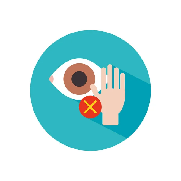 Coronavirus no toque el concepto de ojos, mano y ojo con icono de símbolo de cruz, estilo de bloque — Archivo Imágenes Vectoriales