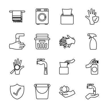 Sprey şişesi ve hijyen ikonu seti, çizgi tarzı