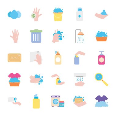 temizlik kovası ve hijyen ikonu seti, düz stil