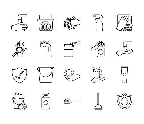 Чистые руки и набор иконок гигиены, стиль линии — стоковый вектор